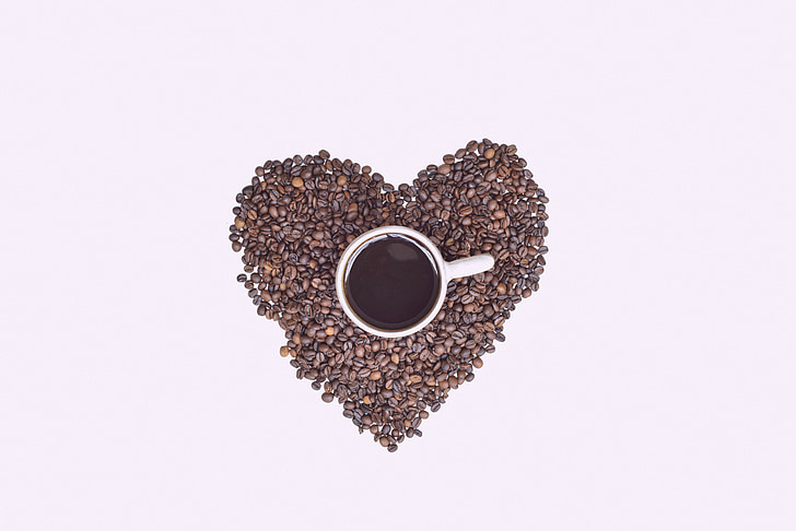 srdce, káva, pohár, fazuľa, láska, hrnček, symbol