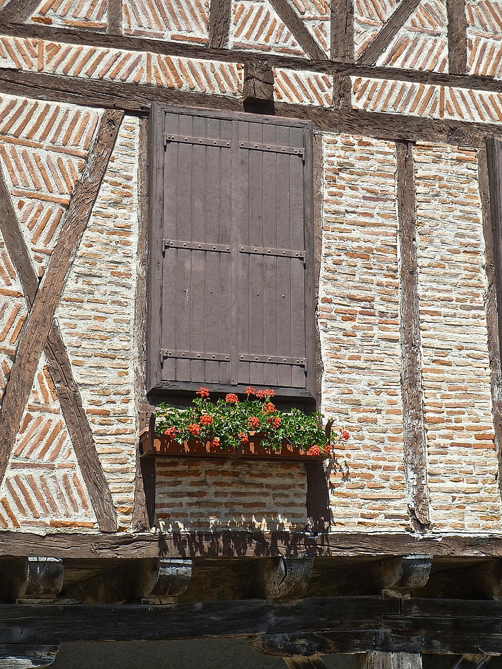 window, closed, half timbered, flowers, facade, architectural, vintage