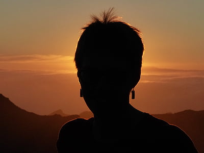 silhouette, head, human, person, back light, woman, sunset