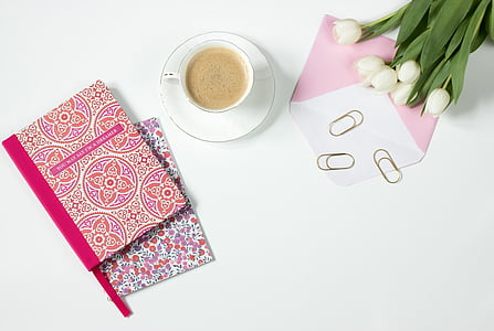 coffee, flowers, notebook, work desk, office, the envelope, teacup