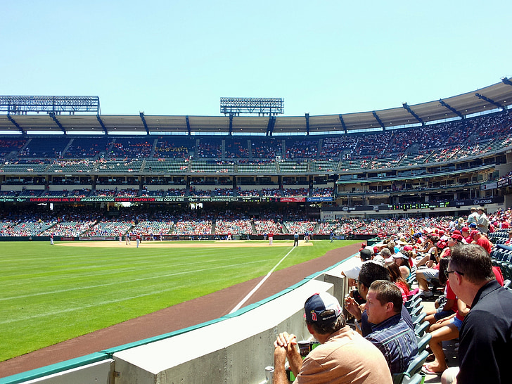 angels stadium, baseball, fans, outfield, foul, line