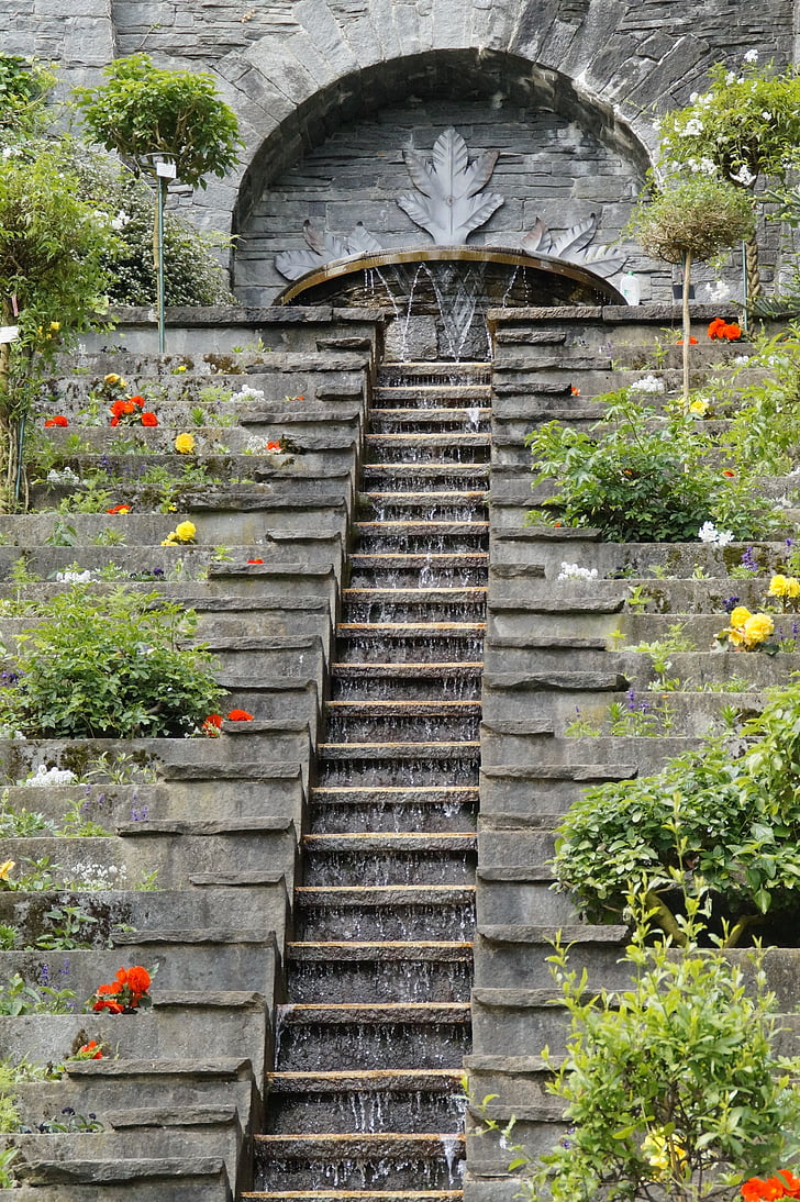 stairs, water staircase, waterfall, water, water way, planted, mainau island