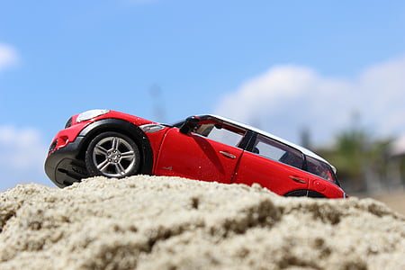 mini cooper, auto, igračka, vozila, pijesak
