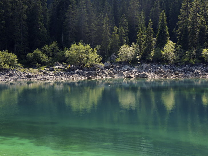 tó, bergsee, zöld, kék, Beach, hengerelt, természet