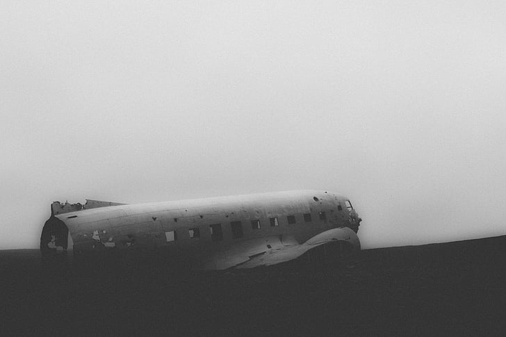 negre, blanc, fotografia, naufragi, passatger, avió, viatges