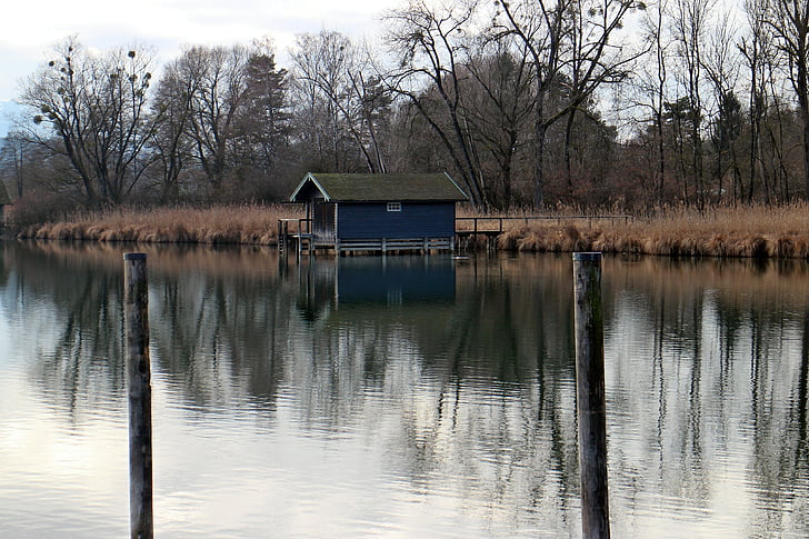 boat house, waters, water, bank, nature, trees, autumn
