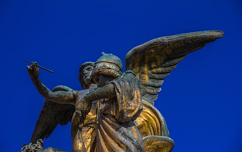angel, blue, blue sky, statue, wing, sculpture, architecture