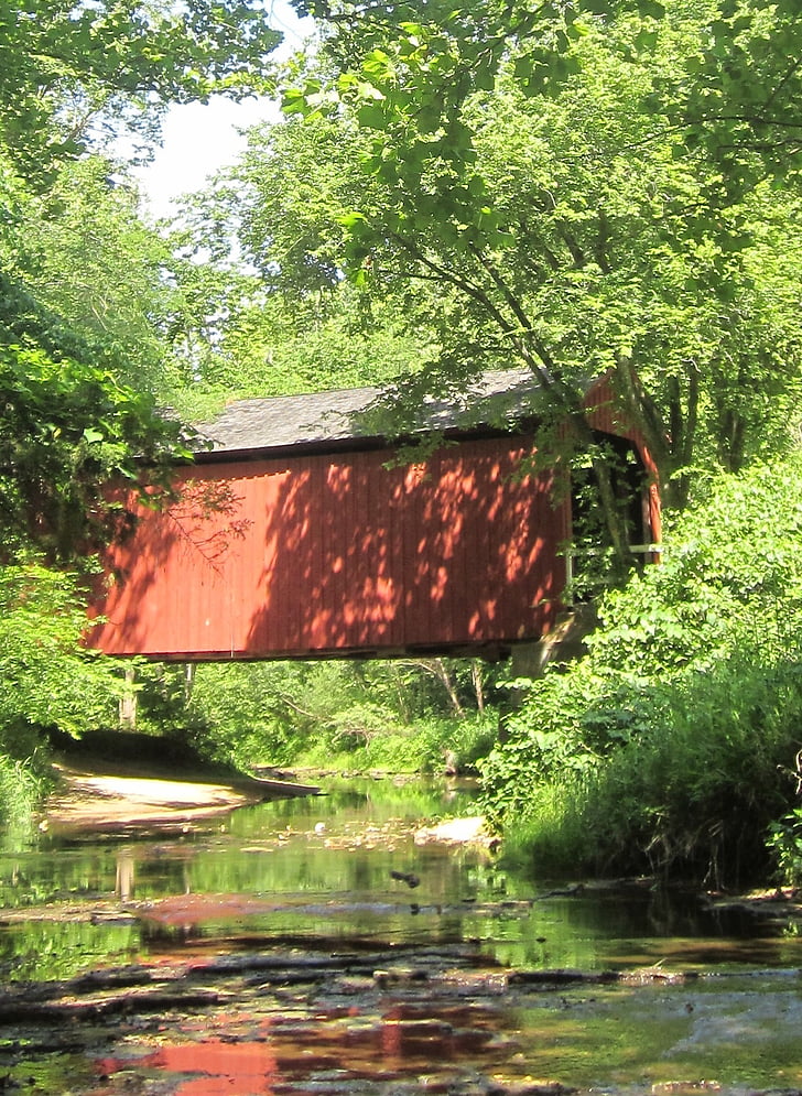 Covered bridge, Ajalooline, struktuur, Bridge, kaetud, punane, maastik