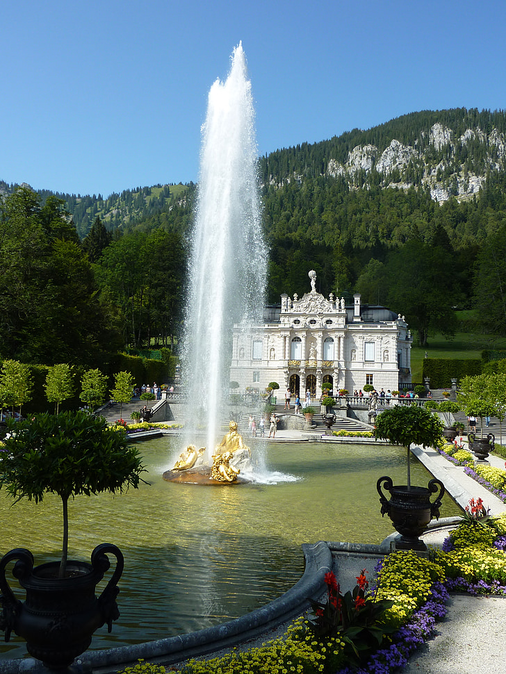 Linderhof, fontána, Palace, rybník