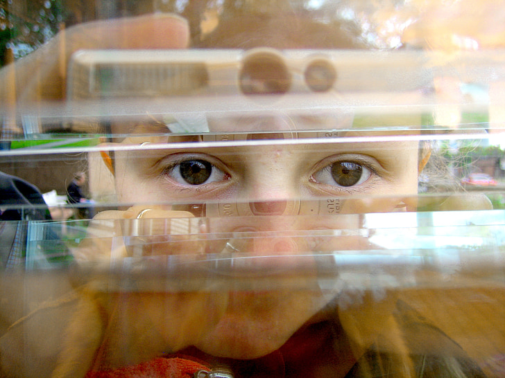 girl, eyes, optical deception, glass, abstract