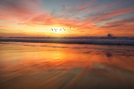 beach, dawn, dusk, nature, ocean, reflection, sand