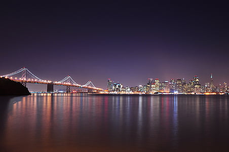 čudovito, most, mesto, razsvetljava, reka, Skyline, viseči most