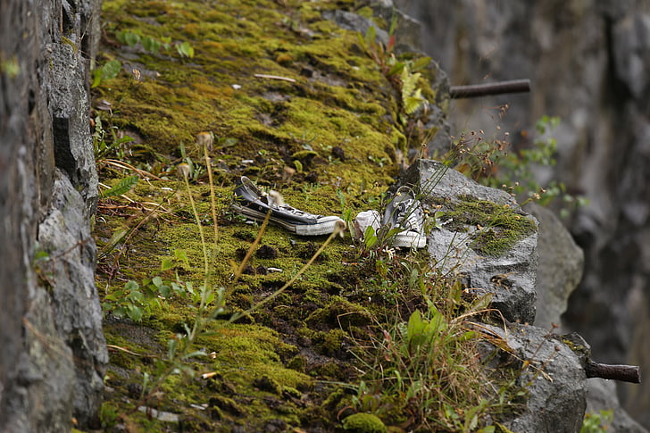 mountain, cliff, moss, stone, cliffs, sneakers
