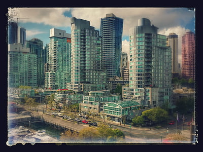 Porto de carvão, Vancouver, Colúmbia Britânica, edifícios, cintura alta, linha do horizonte, água