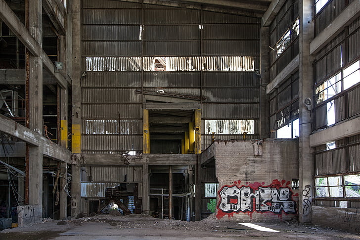 grafiti, ditinggalkan pabrik, meninggalkan, pabrik, industri, konstruksi, lama