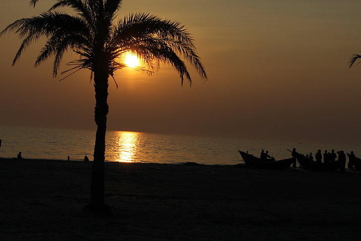solnedgang, sjøen, stranden, kuakata, Bangladesh