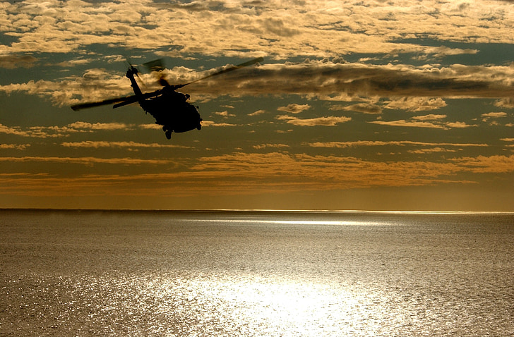 helicopter, aircraft, sunset, sky, clouds, colorful, sea
