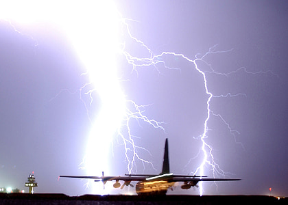 lightning, strike, night, storm, bolt, plane, taxiing