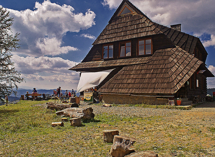 Senderisme, Polònia, Prat, herba, arquitectura, l'edifici de fusta, sostre de fusta