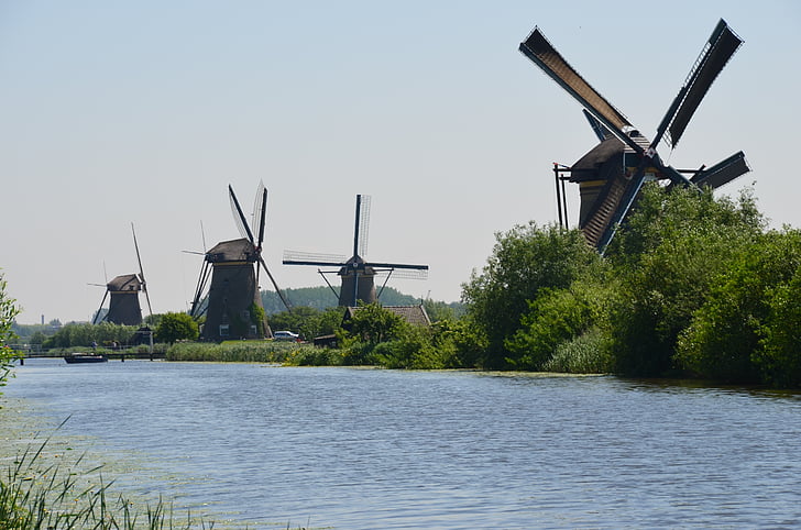 moinhos de vento, Holanda, canais, canais, água, vias navegáveis, transporte por vias navegáveis interiores