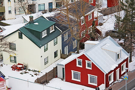 Ansicht von oben, isländische Häuser, von oben, berühmte, Kirche, Kunst, ungewöhnliche