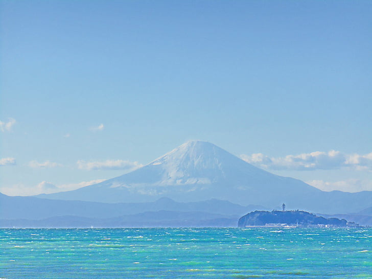 mt fuji, tenger, kék ég, Enoshima, Japán, táj, tiszta égbolt