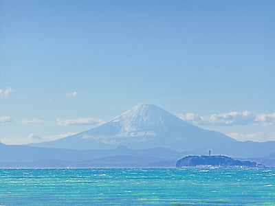 mt fuji, sea, blue sky, enoshima, japan, landscape, clear skies
