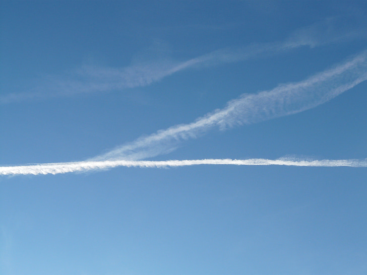 Kondenzacijski tragovi, nebo, oblaci, plava, zrakoplova, letjeti, klima