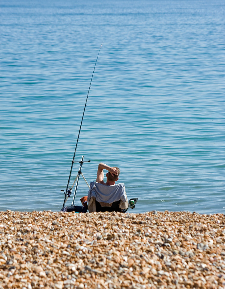 fishing, man, beach, relaxing, sea, ocean, blue