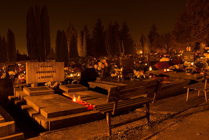 cemetery, candles, night, dark, dead, the tomb of, monument