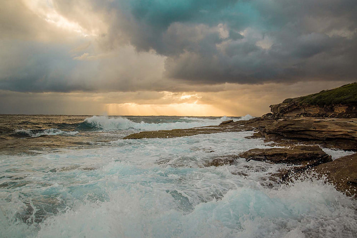 Maroubra, Sydney, Australië, kust, zonsopgang, rotsen, golven