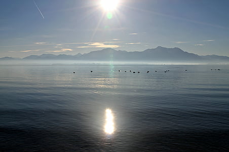 Chiemsee, licht terug, zon, Sunbeam, water, Horizon, Bergen