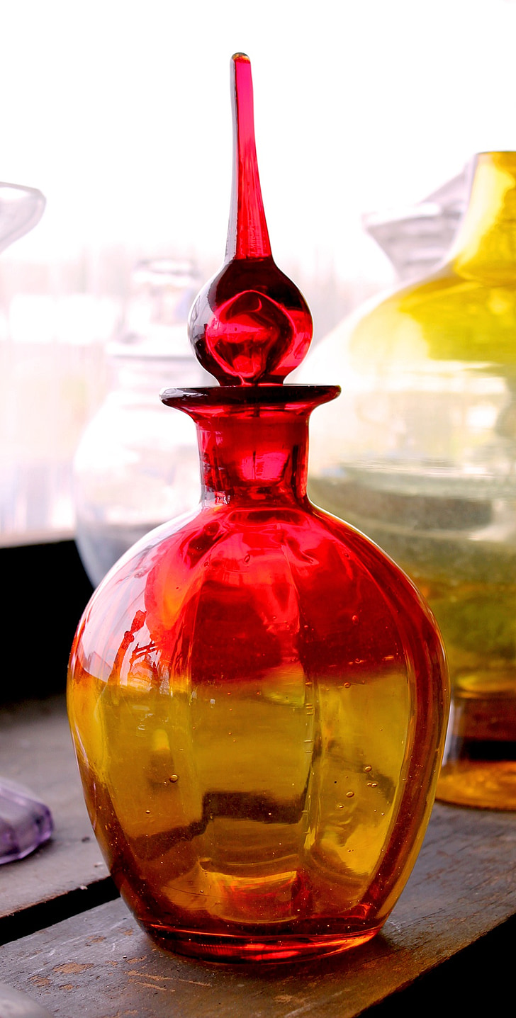 glass, decanter, glassware, stained, transparent, red, stopper