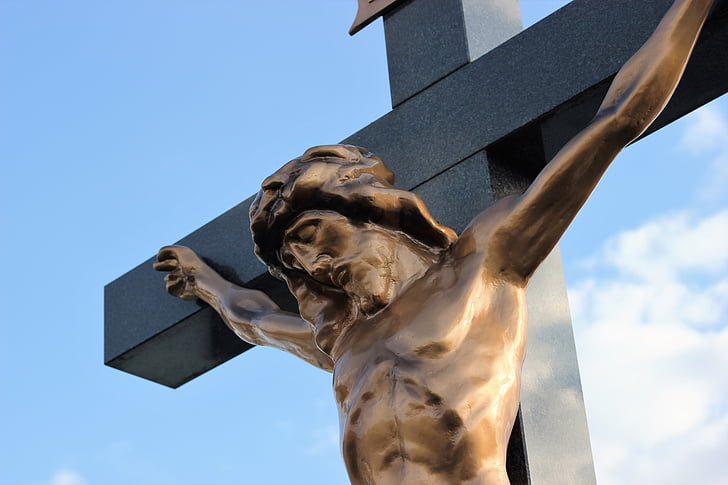 jesus christ, cross, christianity, religion, statue, low angle view, sky