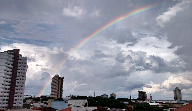 rainbow, landscape, buildings, city, sky, afternoon, clouds