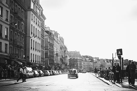 black-and-white, buildings, cars, city, pedestrian crossing, people, road