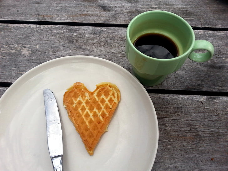 heart, waffle, breakfast, love, dessert, food, coffee