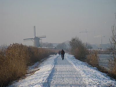 kinderdijk, Belanda, Molina, pemandangan musim dingin, musim dingin, salju, dingin - suhu