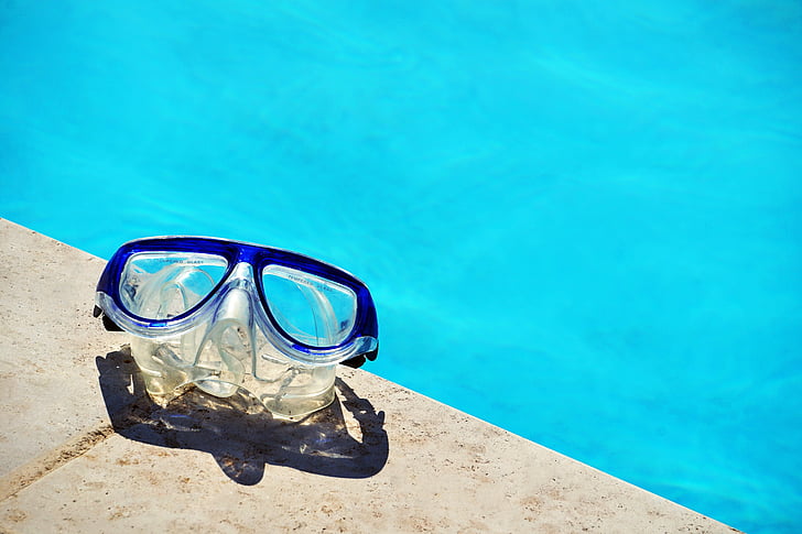 Schutzbrille, Schwimmbad, Wasser, Urlaub, Sommer, Meer, Blau