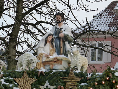 weihnachtasmarkt, statue, maria, joseph, jesus, crib, figure