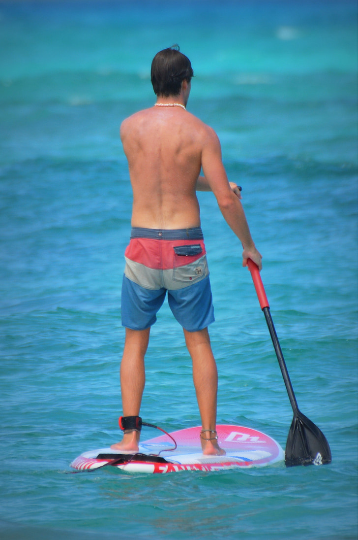 man, people, paddle, sea, swim shorts, surfboard
