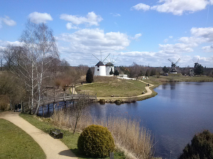 sjön, Mill, landskap, blå himmel, moln, trädgård, floden