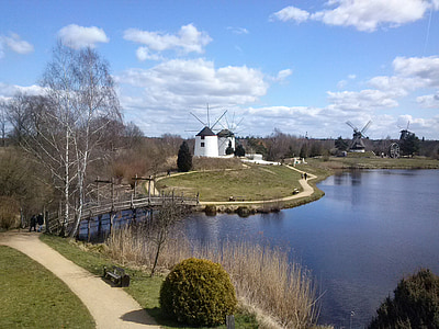 lake, mill, landscape, blue sky, clouds, garden, river