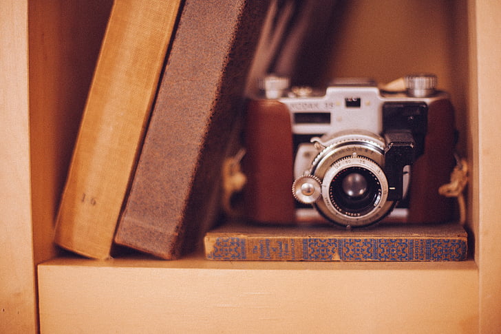 analog, antik, aperture, rak buku, buku, kamera, klasik