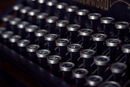 Vintage, písací stroj, kľúče, drevo, klávesnica, listy, staromódny