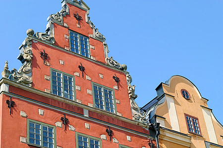 fasada, dwuspadowy, Szwecja, Sztokholm, Historycznie, Stare Miasto, Domy