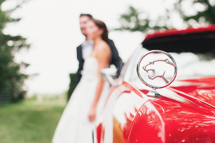 jaguar, wedding, bride, groom, red car, car, women