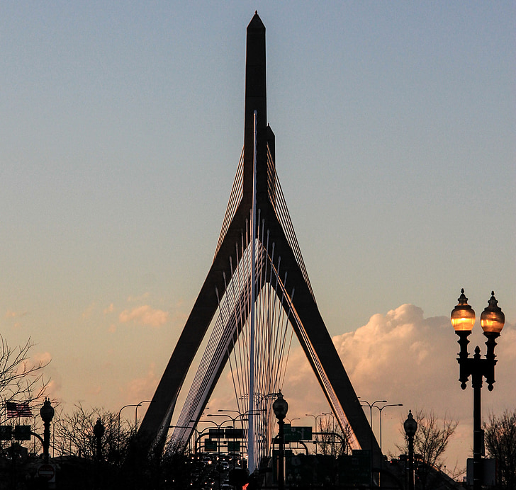 suspension bridge, boston, bridge, sun, sunset, landmark, architecture