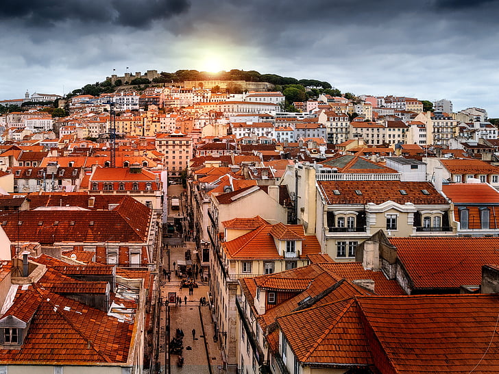 Lisboa, retoc, posta de sol, tempesta, ciutat, Portugal, horitzó