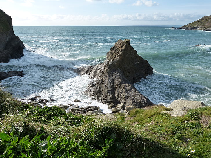 roches, littoral, Cornwall, mer, vague, rive, marée haute